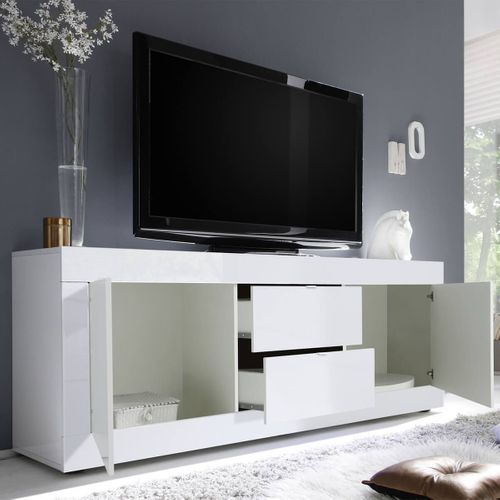 Meuble TV 2 Portes 2 Tiroirs Finition Blanc Laqué Weiss - Otello