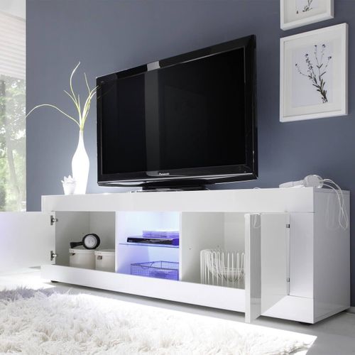 Meuble TV 2 Portes 2 Niches Finition Blanc Laqué Weiss Avec LEDs - Otello