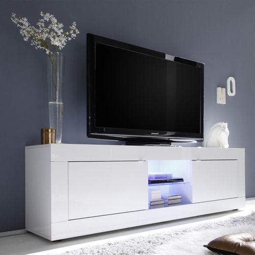 Meuble TV 2 Portes 2 Niches Finition Blanc Laqué Weiss Avec LEDs - Otello