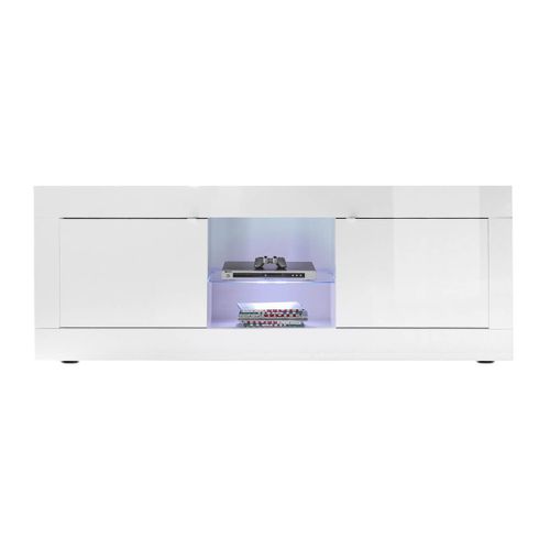 Meuble TV 2 Portes 2 Niches Finition Blanc Laqué Weiss Avec LEDs - Otello