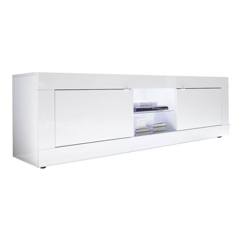 Meuble TV 2 Portes 2 Niches Finition Blanc Laqué Weiss Avec LEDs - Otello