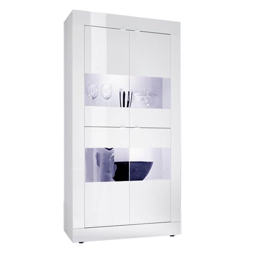 Ensemble Salon Avec Vitrine 4 Portes Finition Blanc Laqué Weiss Avec LEDs - Otello