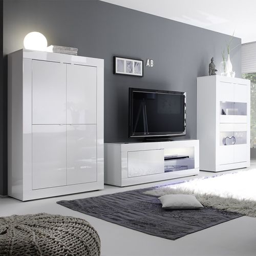 Ensemble Salon Avec Vitrine 4 Portes Finition Blanc Laqué Weiss Avec LEDs - Otello