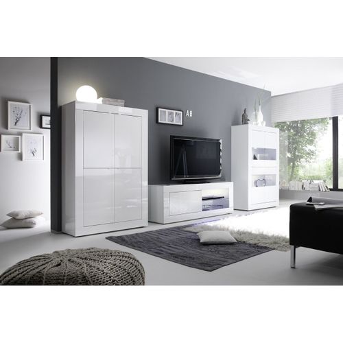 Ensemble Salon Avec Vitrine 4 Portes Finition Blanc Laqué Weiss Avec LEDs - Otello