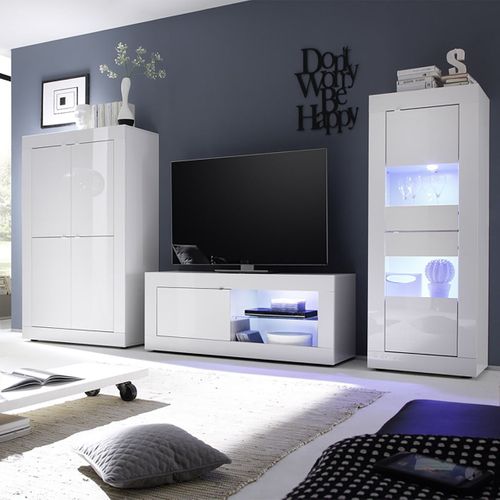Ensemble Salon Avec Vitrine 2 Portes Finition Blanc Laqué Weiss Avec LEDs - Otello
