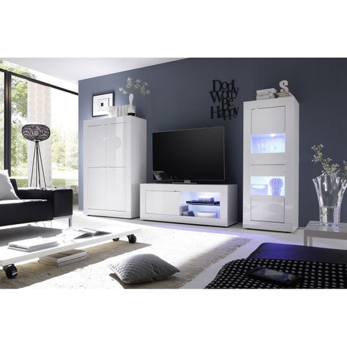 Ensemble Salon Avec Vitrine 2 Portes Finition Blanc Laqué Weiss Avec LEDs - Otello