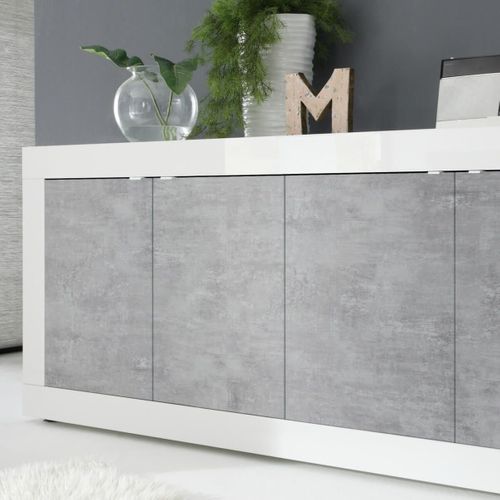 Buffet 4 Portes Finition Blanc Laqué Et Aspect Béton - Otello