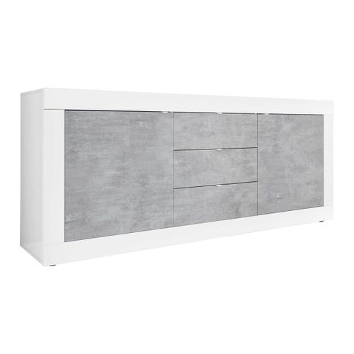Buffet 2 Portes 3 Tiroirs Finition Blanc Laqué Et Aspect Béton - Otello
