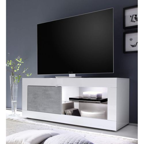 Meuble TV 1 Portes 2 Niches Finition Blanc Laqué Et Aspect Béton Avec LEDs - Otello