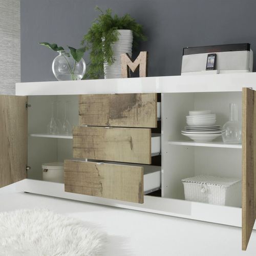 Buffet 2 Portes 3 Tiroirs Finition Blanc Laqué Et Aspect Bois Antik - Otello