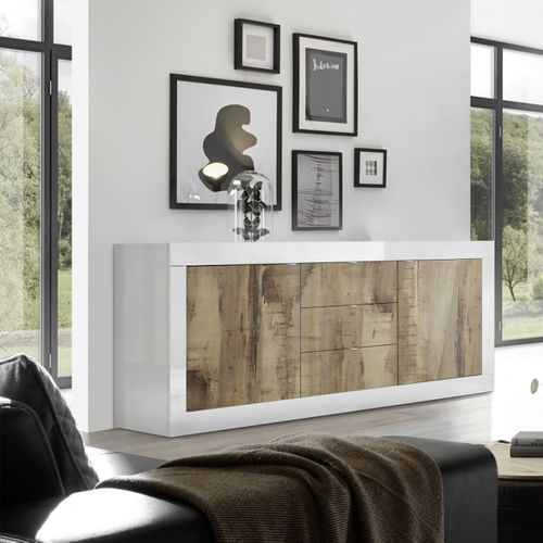 Buffet 2 Portes 3 Tiroirs Finition Blanc Laqué Et Aspect Bois Antik - Otello