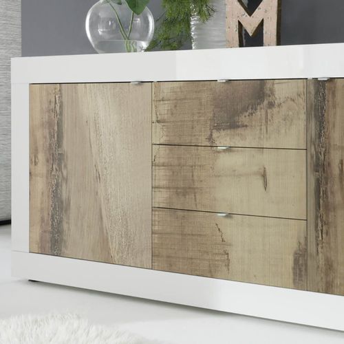 Buffet 2 Portes 3 Tiroirs Finition Blanc Laqué Et Aspect Bois Antik - Otello