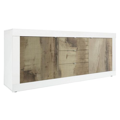 Buffet 2 Portes 3 Tiroirs Finition Blanc Laqué Et Aspect Bois Antik - Otello
