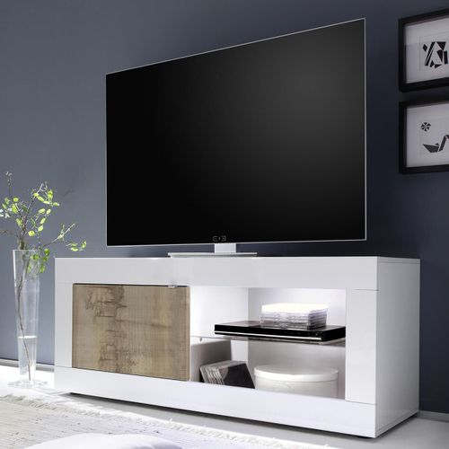 Meuble TV 1 Portes 2 Niches Blanc Laqué Et Aspect Bois Antik Avec LEDs - Otello