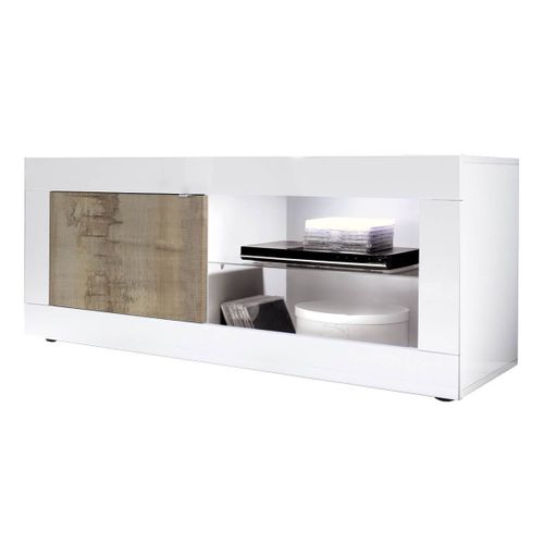 Meuble TV 1 Portes 2 Niches Blanc Laqué Et Aspect Bois Antik Avec LEDs - Otello