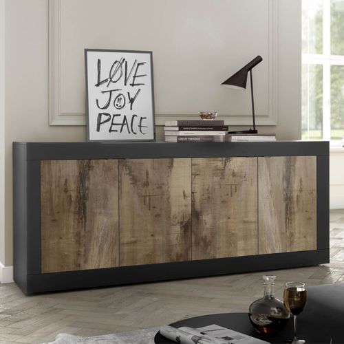 Buffet 4 Portes Finition Noir Mat Et Aspect Bois Antik - Otello