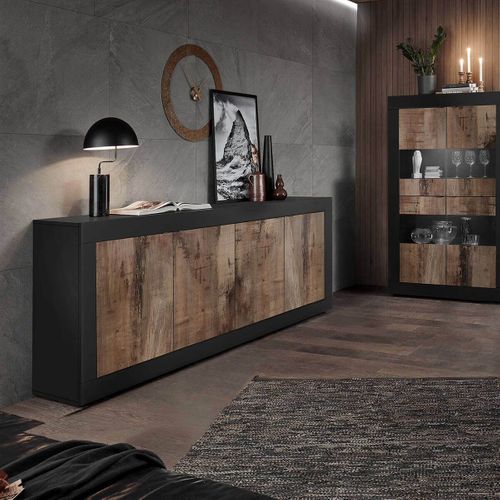 Buffet 4 Portes Finition Noir Mat Et Aspect Bois Antik - Otello