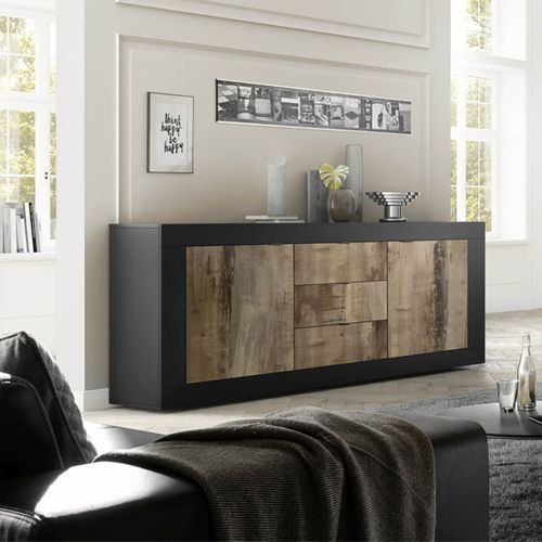 Buffet 2 Portes 3 Tiroirs Finition Noir Mat Et Aspect Bois Antik - Otello