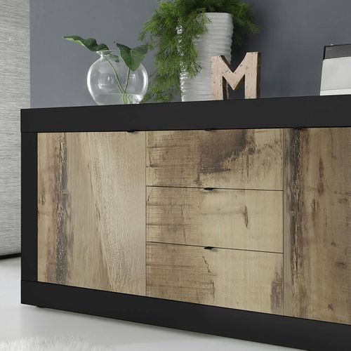 Buffet 2 Portes 3 Tiroirs Finition Noir Mat Et Aspect Bois Antik - Otello