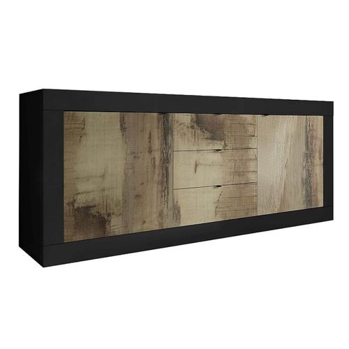 Buffet 2 Portes 3 Tiroirs Finition Noir Mat Et Aspect Bois Antik - Otello