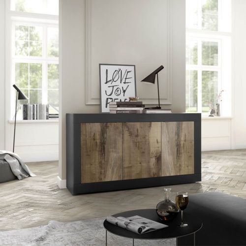 Buffet 3 Portes Finition Noir Mat Et Aspect Bois Antik - Otello