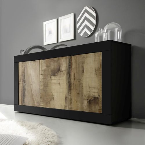 Buffet 3 Portes Finition Noir Mat Et Aspect Bois Antik - Otello