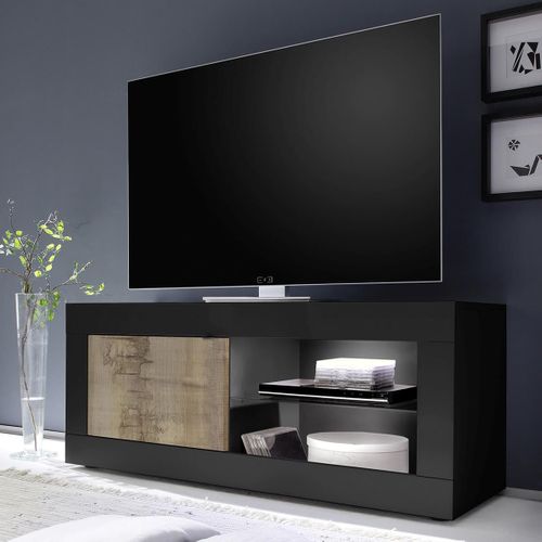 Meuble TV 1 Portes 2 Niches Noir Mat Et Aspect Bois Antik Avec LEDs - Otello