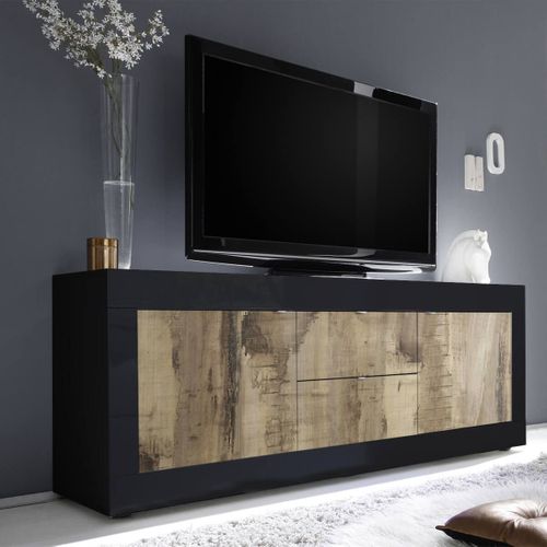 Meuble TV 2 Portes 2 Tiroirs Finition Noir Mat Et Aspect Bois Antik - Otello