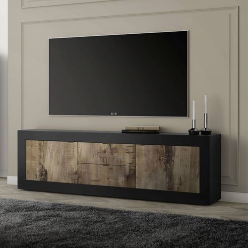Meuble TV 2 Portes 2 Tiroirs Finition Noir Mat Et Aspect Bois Antik - Otello