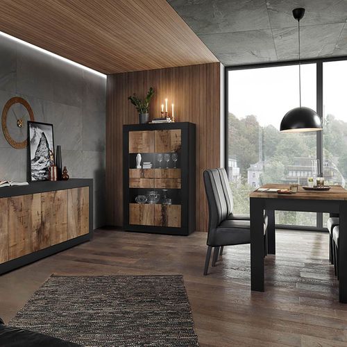 Ensemble Séjour Avec Buffet 4 Portes Finition Noir Mat Et Aspect Bois Antik - Otello