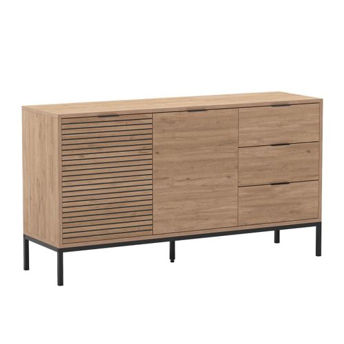 Buffet 2 Portes 3 Tiroirs Aspect Bois Tasseaux Pieds Métal - Appa