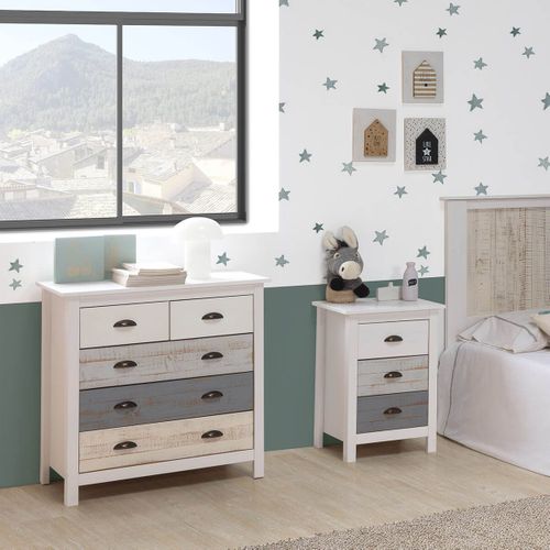 Commode 5 Tiroirs Bois Aspect Vieilli Blanc Et Grisé - Rosalia