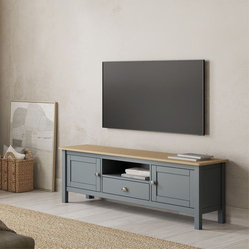 Meuble TV 2 Portes 1 Tiroir En Pin Massif Naturel Et Vert Céladon - Basco