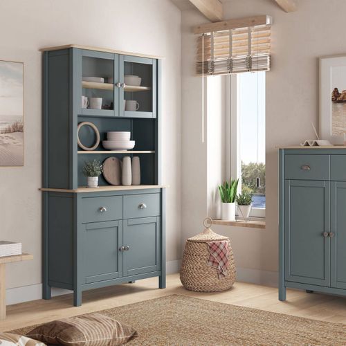Buffet Haut 4 Portes 2 Tiroirs En Pin Massif Naturel Et Vert Céladon - Basco
