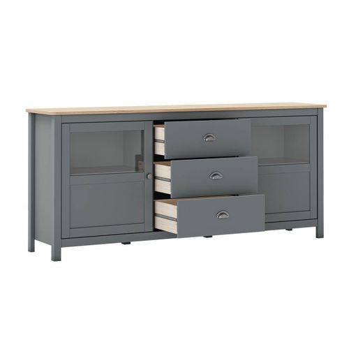 Buffet 2 Portes Semi Vitrées 3 Tiroirs En Pin Massif Naturel Et Vert Céladon - Mask