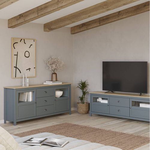 Buffet 2 Portes Semi Vitrées 3 Tiroirs En Pin Massif Naturel Et Vert Céladon - Mask