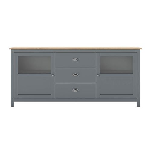 Buffet 2 Portes Semi Vitrées 3 Tiroirs En Pin Massif Naturel Et Vert Céladon - Mask