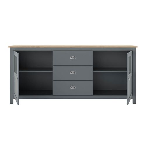 Buffet 2 Portes Semi Vitrées 3 Tiroirs En Pin Massif Naturel Et Vert Céladon - Mask