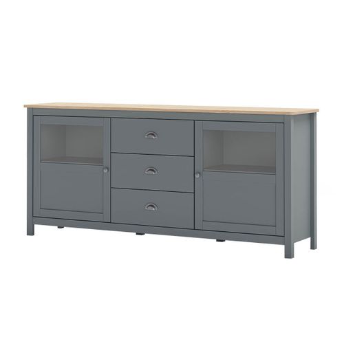 Buffet 2 Portes Semi Vitrées 3 Tiroirs En Pin Massif Naturel Et Vert Céladon - Mask