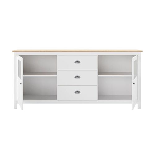 Buffet 2 Portes Semi Vitrées 3 Tiroirs En Pin Massif Naturel Et Blanc - Mask