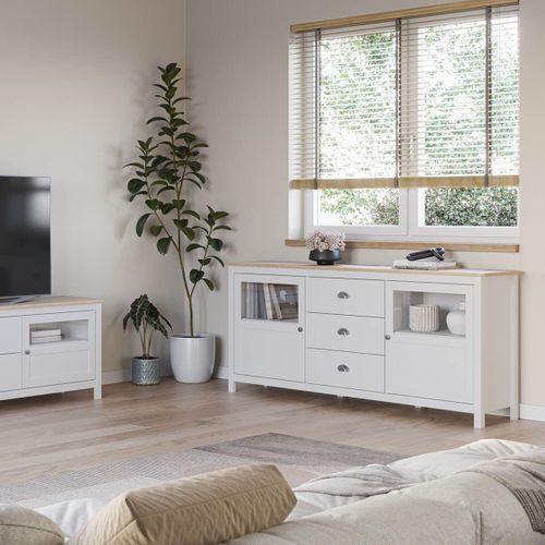 Buffet 2 Portes Semi Vitrées 3 Tiroirs En Pin Massif Naturel Et Blanc - Mask