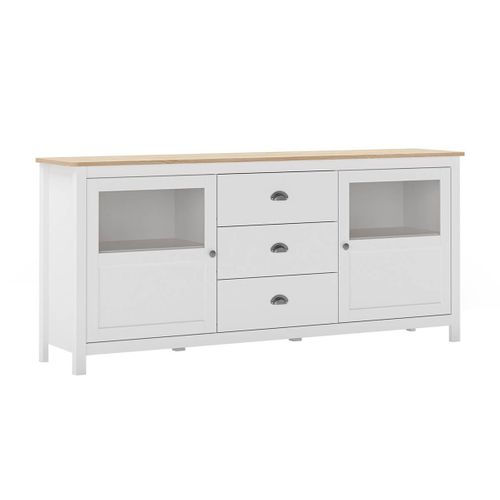 Buffet 2 Portes Semi Vitrées 3 Tiroirs En Pin Massif Naturel Et Blanc - Mask