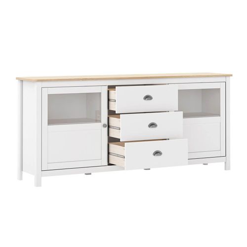 Buffet 2 Portes Semi Vitrées 3 Tiroirs En Pin Massif Naturel Et Blanc - Mask
