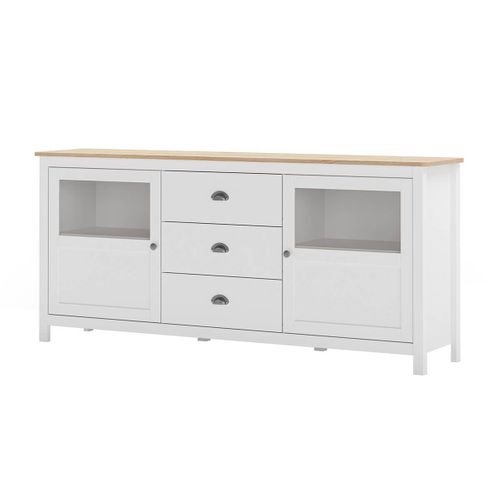Buffet 2 Portes Semi Vitrées 3 Tiroirs En Pin Massif Naturel Et Blanc - Mask