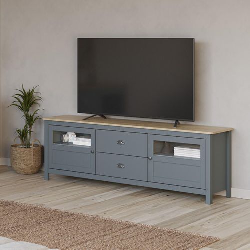 Meuble TV 2 Portes Semi Vitrées 2 Tiroirs En Pin Massif Naturel Et Vert Céladon - Mask