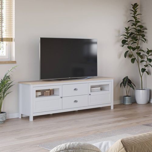 Meuble TV 2 Portes Semi Vitrées 2 Tiroirs En Pin Massif Naturel Et Blanc - Mask