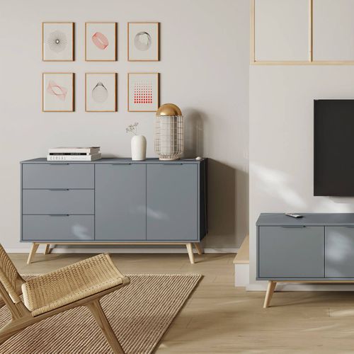 Buffet 2 Portes 3 Tiroirs Scandinave Mdf Et Pin Massif Gris Vert - Canaca