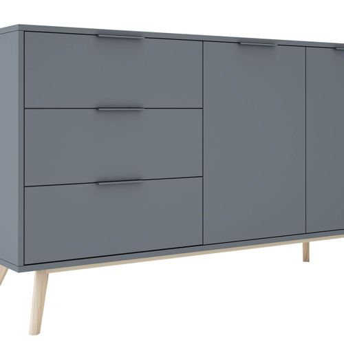 Buffet 2 Portes 3 Tiroirs Scandinave Mdf Et Pin Massif Gris Vert - Canaca