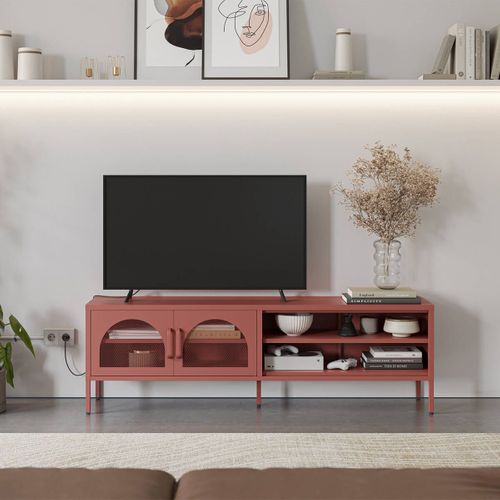 Meuble TV 160 Cm 2 Portes Ajourées 2 Niches En Métal Terracotta - Olivia