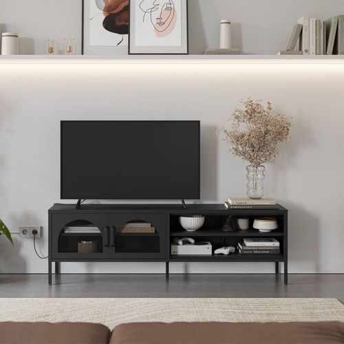 Meuble TV 160 Cm 2 Portes Ajourées 2 Niches En Métal Noir - Olivia